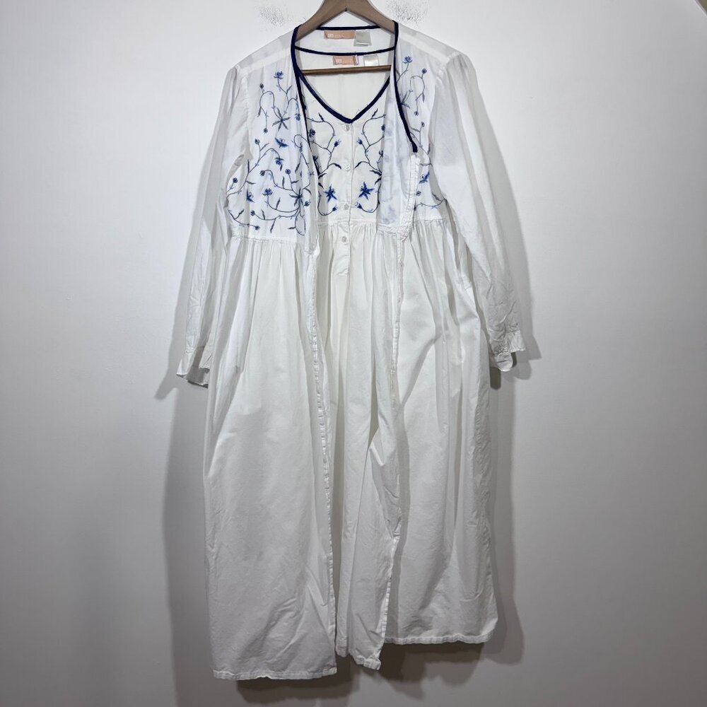 LA Cera 2 Piece Nightgown Womens L White Floral Cotton Embroidered Cottagecore